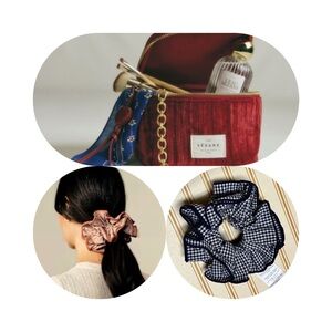 Sézane Red Velvet Vanity Case and Sézane Navy and White Gingham Scrunchie
